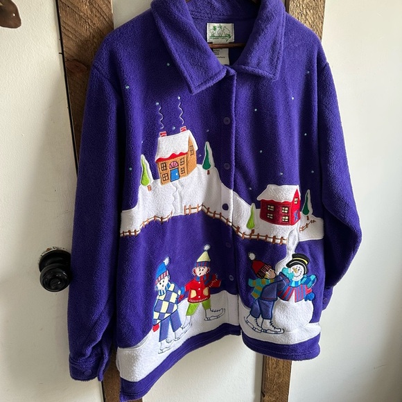 Quacker Factory Christmas Sweater Jacket XL Purple Cardigan Snowman Button Down - Picture 6 of 16
